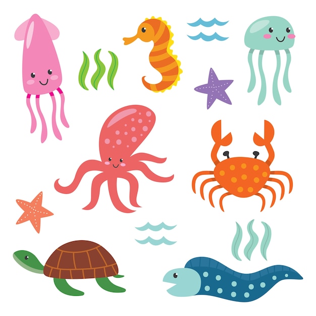 Cute ocean animal set cartoon series