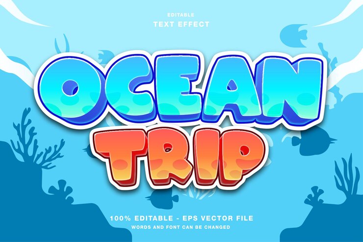 Cute Ocean Trip Cartoon 3D Editable Text Effect