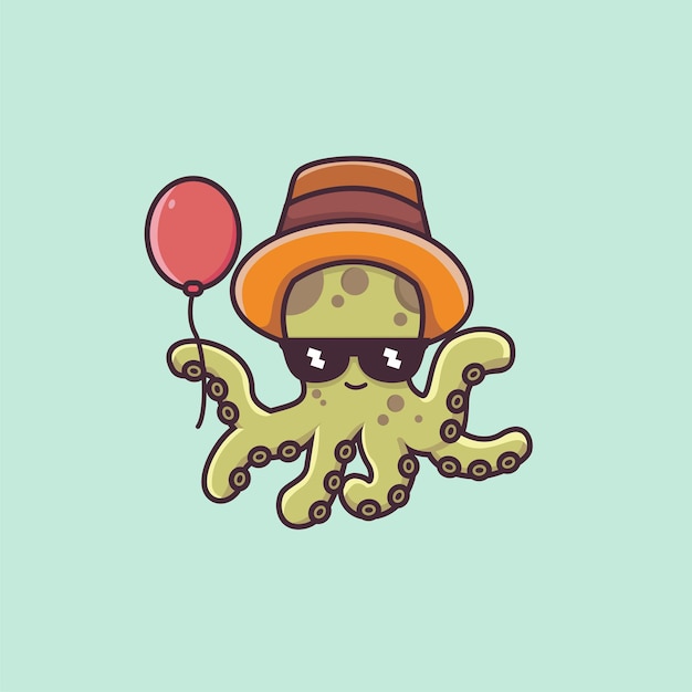 Cute octopus cartoon character holding balloon