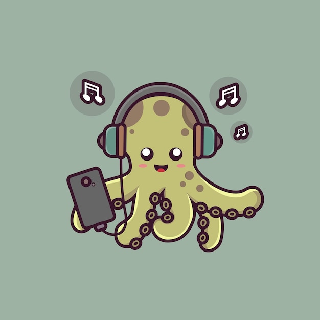 Cute octopus cartoon character playing smartphone and listening to misic