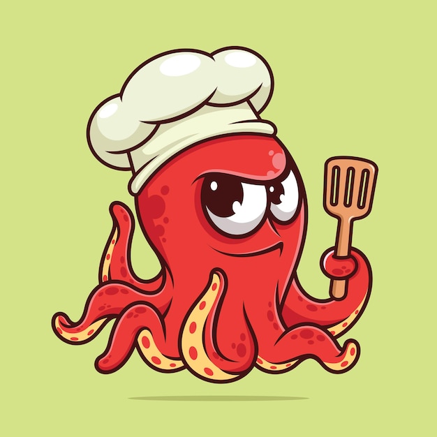 Vector cute octopus chef holding spatula wearing chef hat cartoon vector