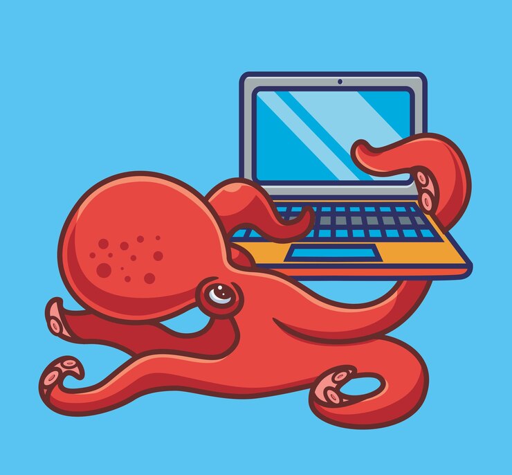 Vector 귀여운 문어 직원 격리 만화 동물 그림 평면 스타일 스티커 아이콘 디자인 프리미엄