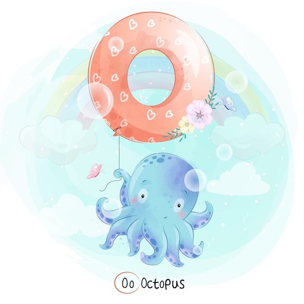 Cute Octopus flying with alphabet-O balloon