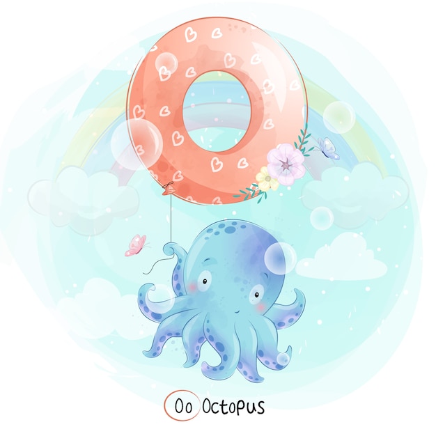 Cute octopus flying with alphabet-o balloon