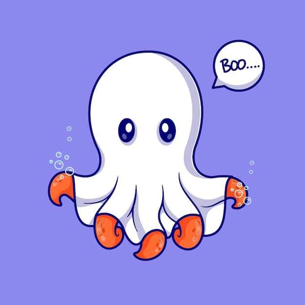 Cute Octopus Ghost Swimming Cartoon Vector Icon Illustration Animal Holiday Icon Concept Isolated