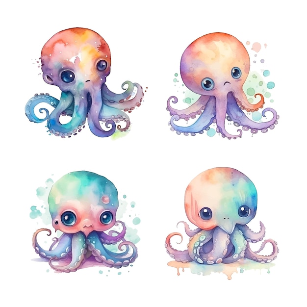 Cute octopus watercolor paint collection