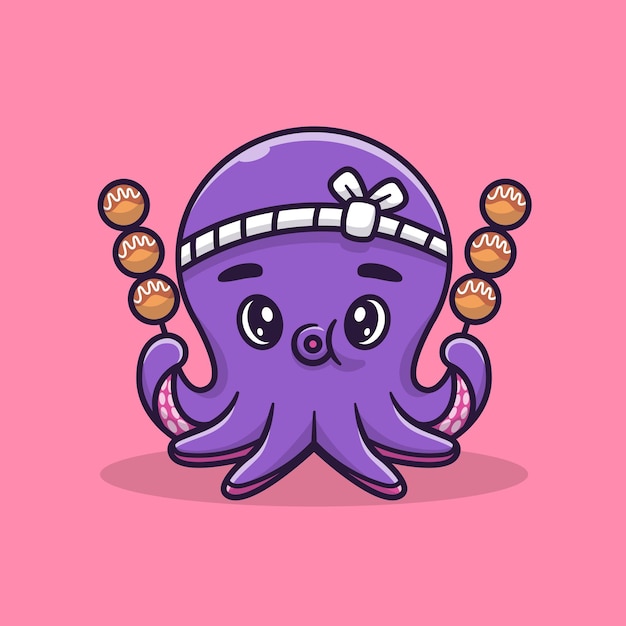 Cute Octopus With Takoyaki Cartoon   Icon Illustration. Animal Food Icon Concept Isolated  . Flat Cartoon Style