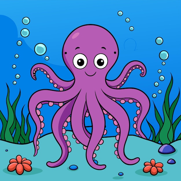 Cute octopuses swim underwater in sea hand drawn mascot cartoon character sticker icon concept