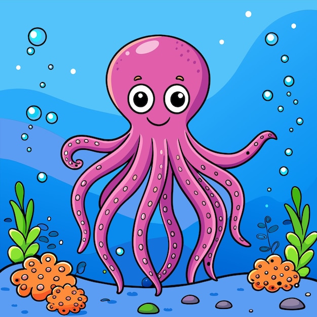 Vector cute octopuses swim underwater in sea hand drawn mascot cartoon character sticker icon concept