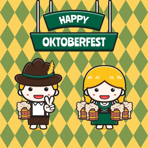 Illustrazione sveglia dell'icona del fumetto dell'insegna di celebrazione dell'oktoberfest. design piatto isolato in stile cartone animato