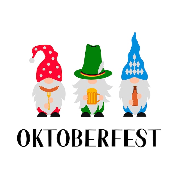 Cute Oktoberfest gnomes Traditional German beer festival Vector template for banner poster flyer greeting card tshirt etc