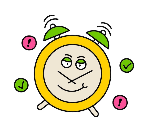 Cute old cartoon character concept of time management successful completion of tasks efficiency and productivity clock with done icon cartoon flat vector illustration