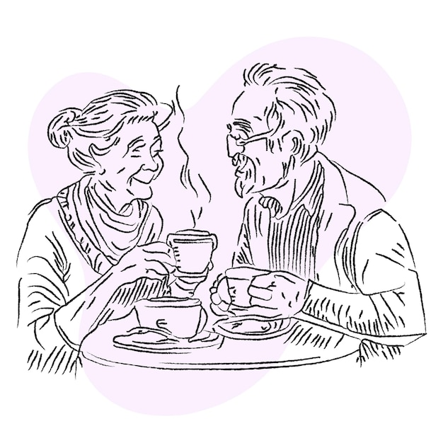 Cute old couple enjoying tea line art sketch vector illustration