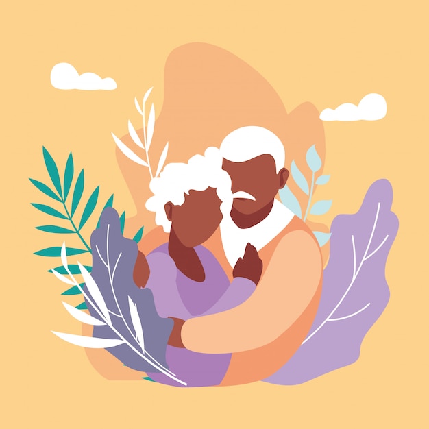 Vector cute old couple hugged with leafs decoration
