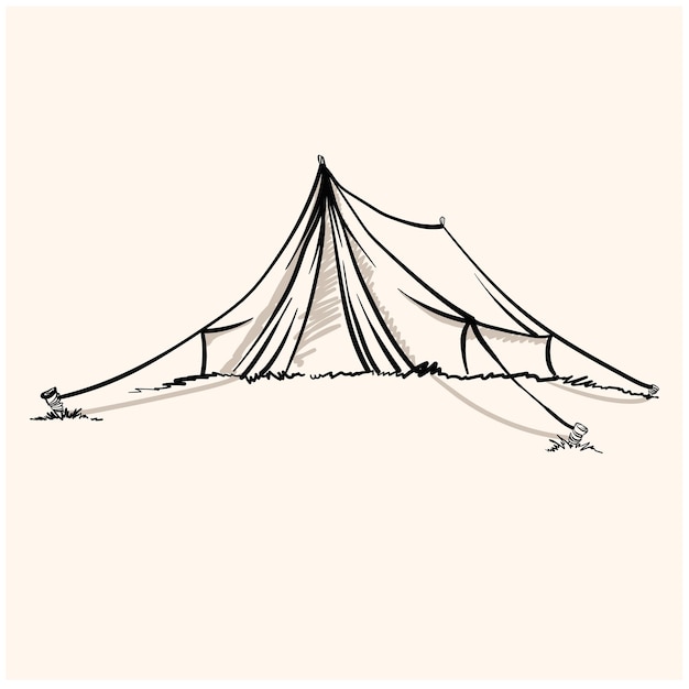 Vector cute old temporal nylon bivvy stretches rope tied with wooden pegs in the grass illustration style