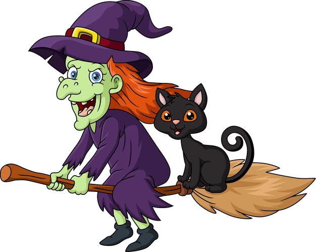 Vector cute old witch cartoon riding broomstick with black cat