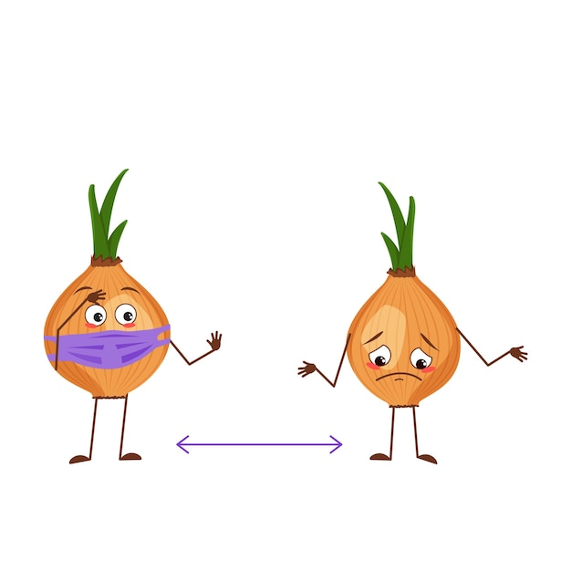 Симпатичные луковые персонажи с лицом и маской держат дистанцию, руки и ноги. Веселый или грустный герой, овощ. Векторная иллюстрация плоский