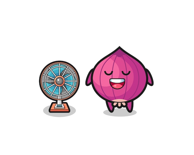 Cute onion is standing in front of the fan