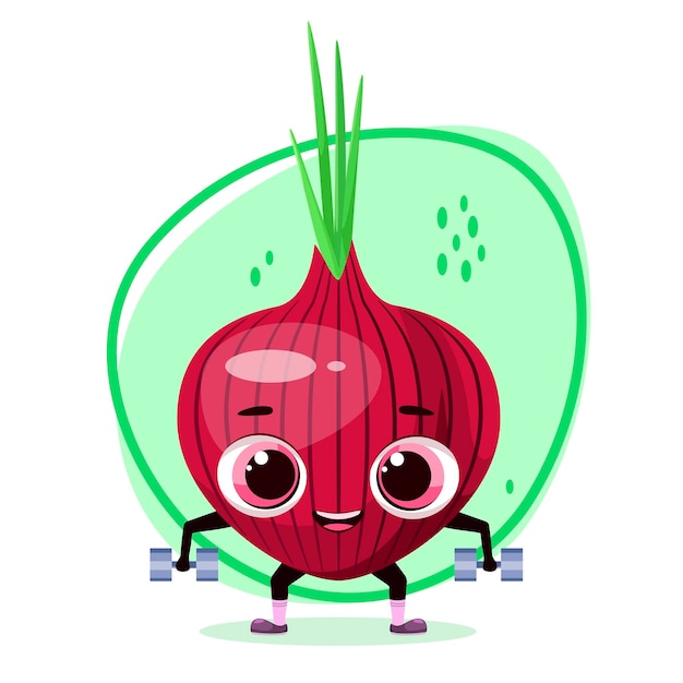 Cute onion with dumbbells cartoon style funny vegetable does sports healthy lifestyle