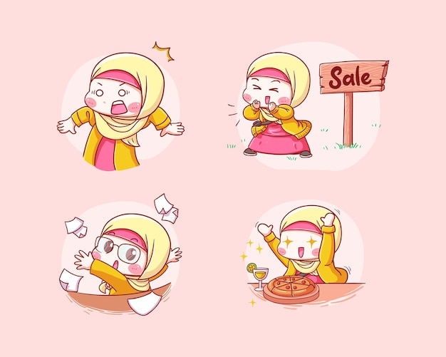 벡터 hijab을 쓴 귀여운 온라인 판매자가 판매 발표에 놀랐고 종이를 던지고 음식을 먹고 흥분했습니다.