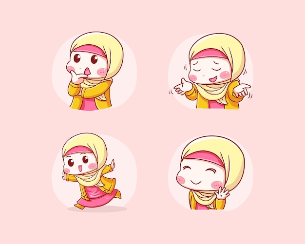 Vector cute online seller with hijab thinking dont know running and wave hi manga chibi illustration