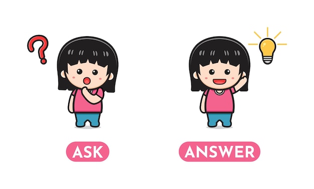 Cute opposite ask and answer, words antonym for children cartoon icon illustration. Design isolated flat cartoon style