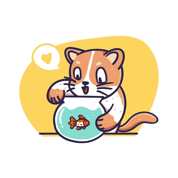 Cute orange cat playing with fish in bowl illustration