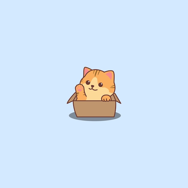 Cute orange cat waving paw in the box cartoon vector illustration