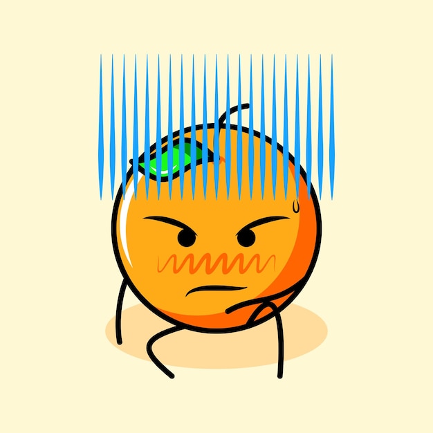 Vector cute orange character with leaf, cool expression, sit down and intimidation