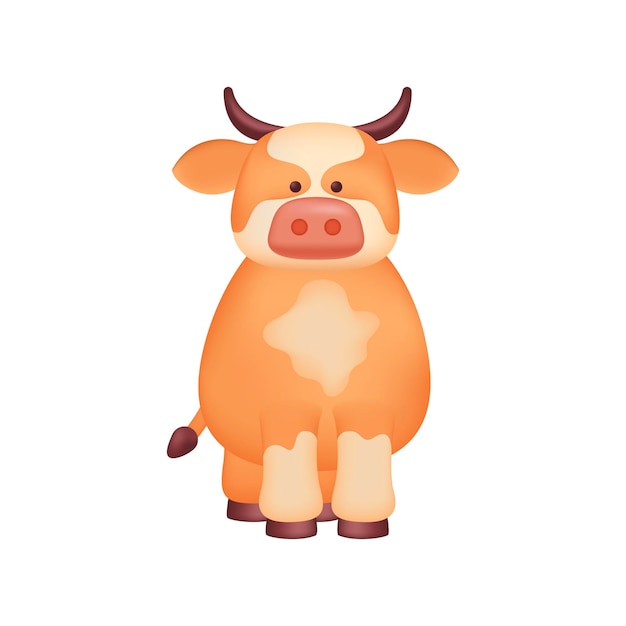 Simpatico personaggio di mucca arancione come giocattolo per bambini illustrazione 3d. disegno animato di adorabile animale domestico o bovino come regalo o mascotte in stile 3d su sfondo bianco. concetto di fauna selvatica, agricoltura o allevamento