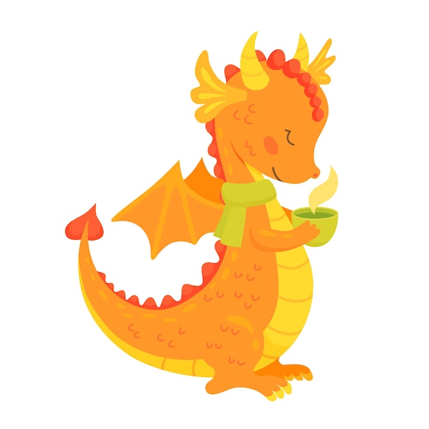 Cute orange dragon with a cup of tea