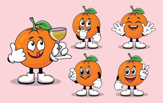 Simpatica mascotte di frutta arancione con vari tipi di espressioni insieme