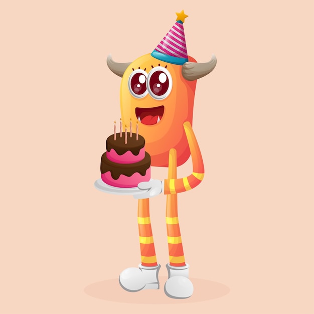 Vector cute orange monster wearing a birthday hat holding birthday cake