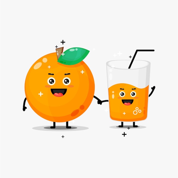 Cute orange and orange juice mascot holding hands