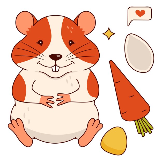 Vector cute orange and white hamster carrots corn kernels pumpkin seed sms isolated on a white background