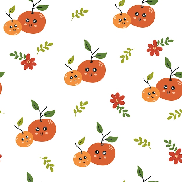 Cute oranges character seamless pattern Oranges with smiley face and flowers Creative texture for