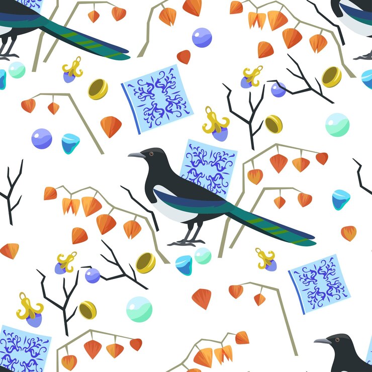 Vector cute original seamless pattern with magpie majolic elements and jewelry vector illustration