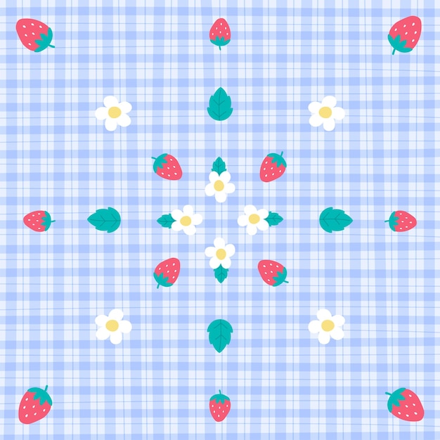 벡터 귀여운 장식 요소 과일 딸기 잎 꽃 파스텔 블루 깅엄 패턴 편집 가능한 선