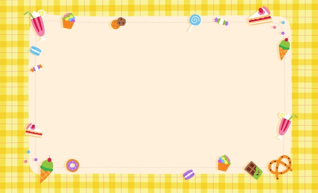 Cute ornament element sweet dessert pastel yellow gingham pattern paper background frame border