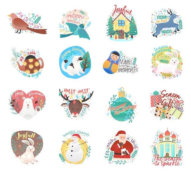 Милые украшения рождество мультфильм иллюстрация поздравительные открытки шаблон фоны большая коллекция набор с оленями, кроликами, оленями, снежинками и рождественскими элементами