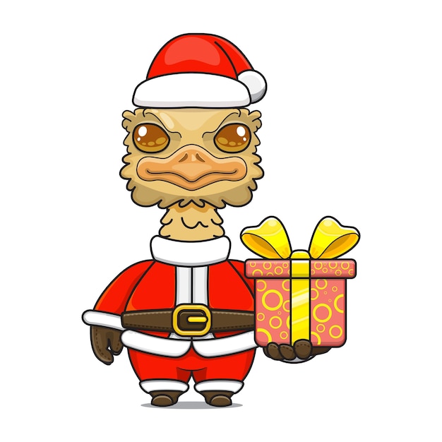 サンタの衣装でクリスマスプレゼント漫画の動物を与えるかわいいダチョウ