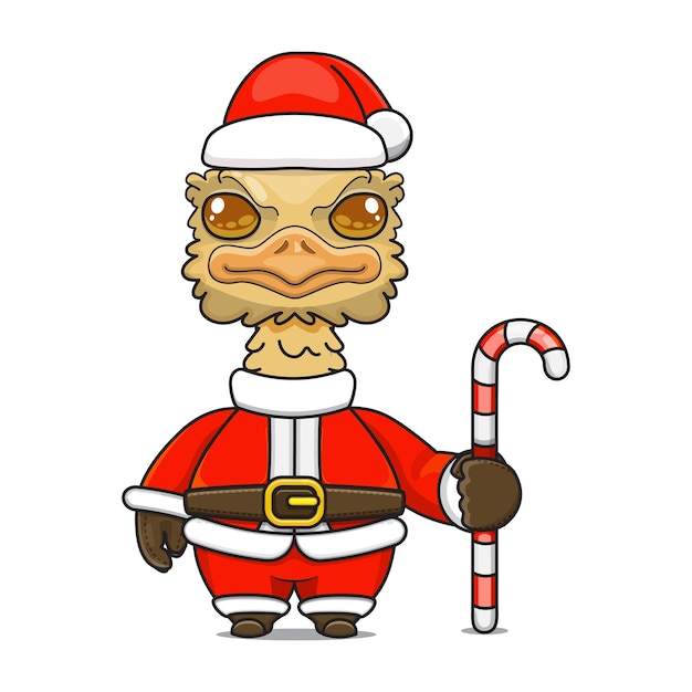 Cute ostrich holding candy cane cartoon animal in christmas costume