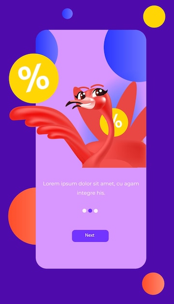 스마트폰 화면 휴일 판매 특별 할인 개념에 백분율 기호가 있는 귀여운 타조