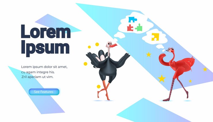 Vector cute ostriches team putting parts of puzzle together problem solution teamwork concept horizontal