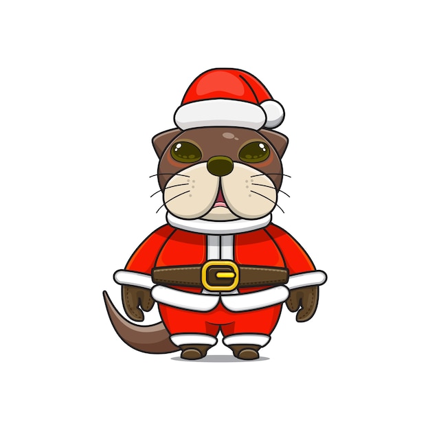 Милая выдра или бобер в рождественском костюме, мультяшное животное в костюме санта-клауса, вид спереди