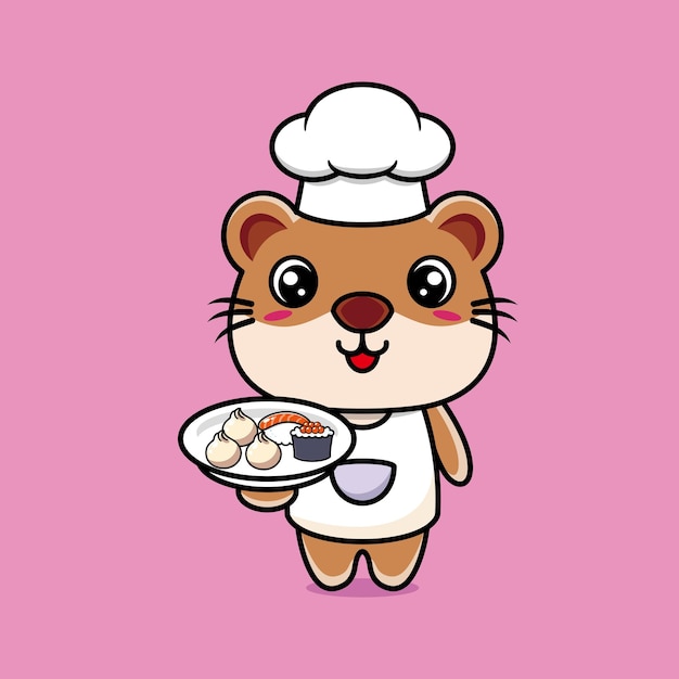 Cute otter chef cartoon character with bring japanese food