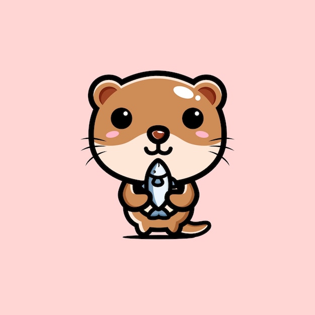 Vector cute otter design holding fish