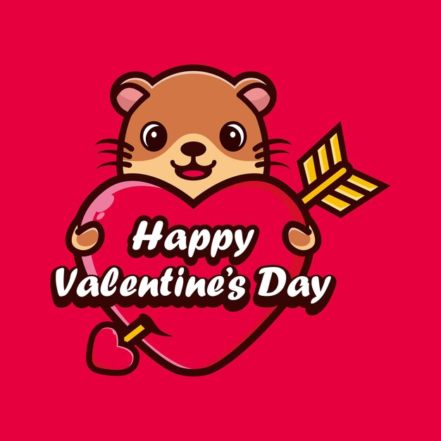 Cute otter hugging a heart with happy valentines day greetings