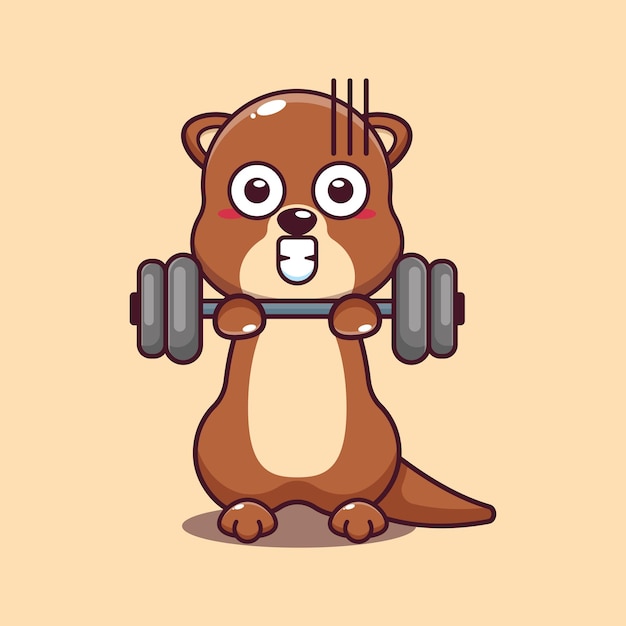 cute otter lifting barbell cartoon vector illustration