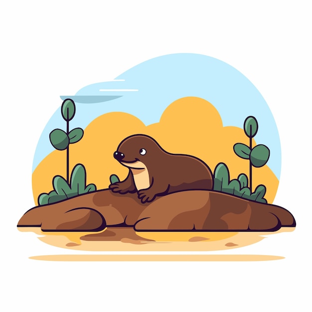 Vector cute otter lying on the ground cartoon vector illustration